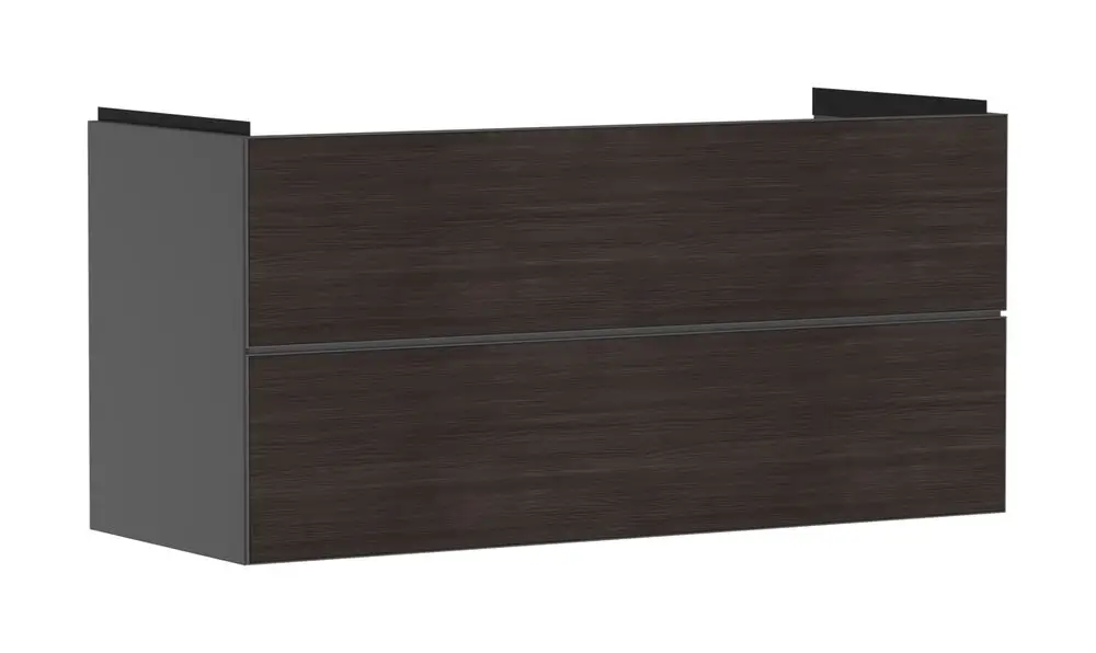Matt grauer Waschtischunterschrank von Hansgrohe mit zwei Schubkästen, rechteckige Form und minimalistischem Design, geeignet für Badezimmer.